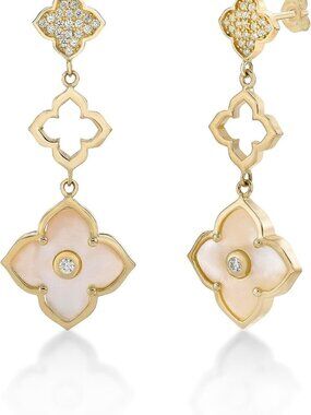Elegant Flower Drop Dangle Earrings with Mother of Pearl, Onyx & Malachite